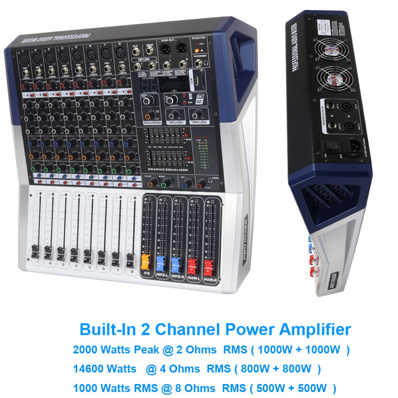 MiCWL PH08 2000W Power Mixer Amplifier 8 Channel Sound Mixing Console 48V Bluetooth Wireless Microphone Input MiCWL PH08 2000W Power Mixer Amplifier 8 Channel Sound Mixing Console 48V Bluetooth Wireless Microphone Input