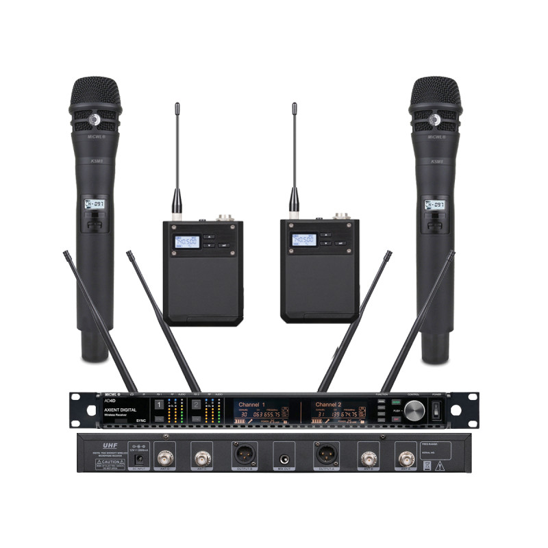 AD4D Dual Channel Digital Wireless Microphone System Receiver 2 KSM8 Handheld and 2 BodyPack with Lavalier Mics AD4D Dual Channel Digital Wireless Microphone System Receiver 2 KSM8 Handheld and 2 BodyPack with Lavalier Mics